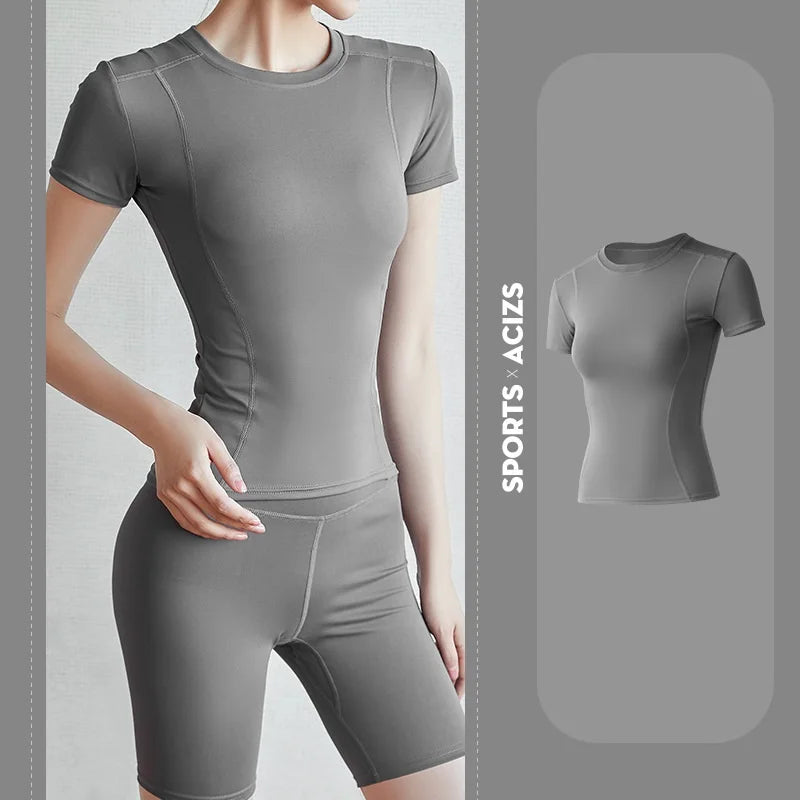 Women's Sports Fitness Clothing Slim Running Sweat Absorbing Skinny Yoga Clothes Quick Drying Clothes Short Sleeved T-shirt