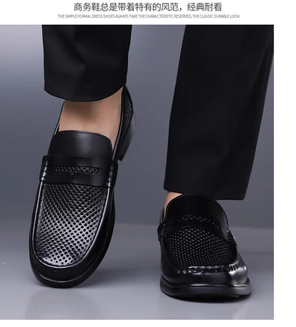 2026 Summer New Men's Breathable Leather Loafers Slip-On Hollow Out Casual Business Casual Shoes for Man Flat Driving Shoes Male