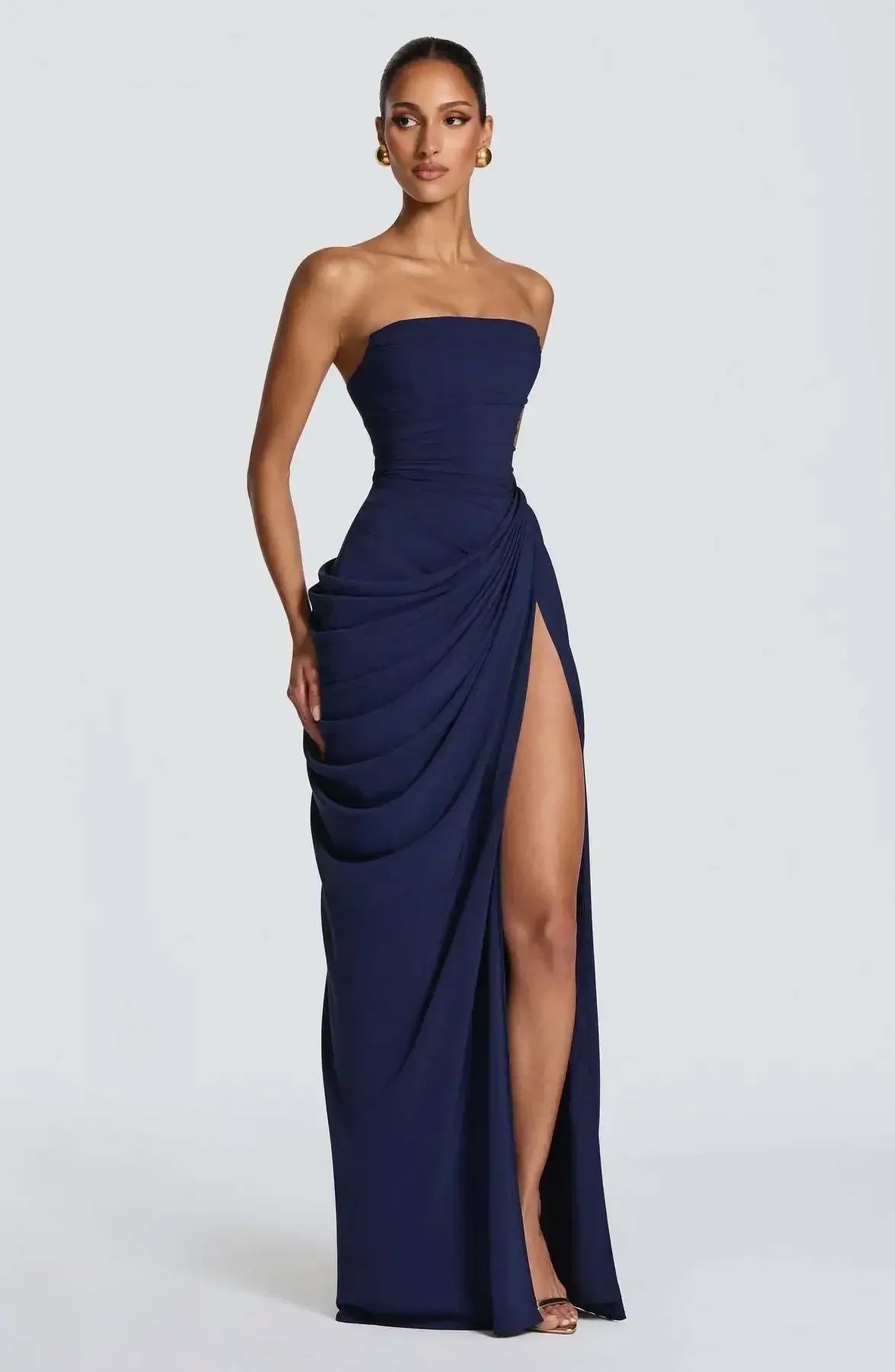 Women Strapless Pleated Long Dress Elegant Solid Split Sleeveless Backless High Waist Slim Fit Maxi Dresses 2026 Lady Party Robe