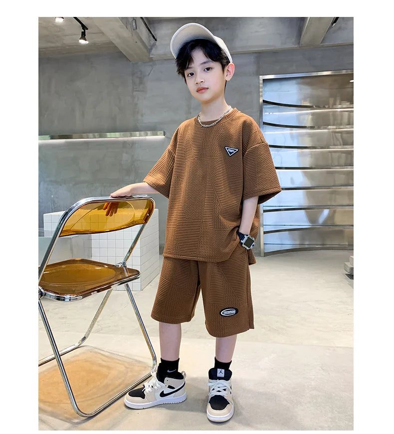 Summer Casual Boys Jacquard Loose T-Shirt Tops+Shorts Pant School Kids 2PCS Tracksuit Child Outfits Student Workout Set 3-14 Yr