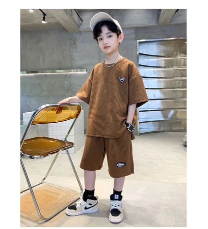 Summer Casual Boys Jacquard Loose T-Shirt Tops+Shorts Pant School Kids 2PCS Tracksuit Child Outfits Student Workout Set 3-14 Yr
