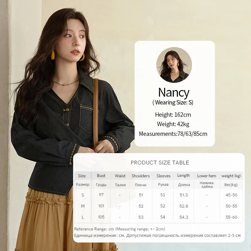 Autumn Retro Black Imitation Denim Shirt 2025 Side Lace-up Solid Shirts Lapel V-neck Retro Button Casual Tops MXE42C2374
