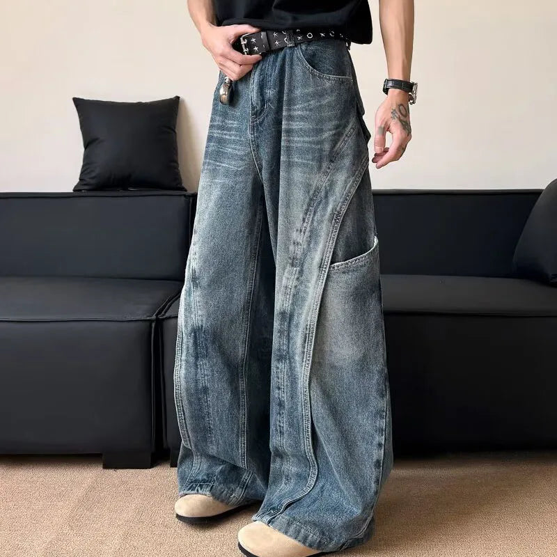 Korean Retro Jeans Men'S Curved Knife Pants Design Sense Vintage Casual Straight Leg Pants Loose Large Pocket Wide Leg Pants