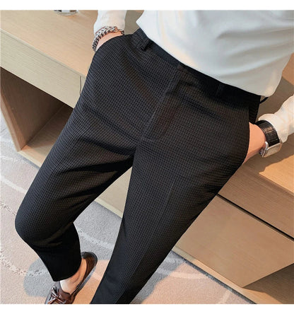 2024 Autumn New Waffle Stretch Waist Business Formal Pants Men Fashion Wedding Slim Trouser Mens Brand Social Party Suit Pants