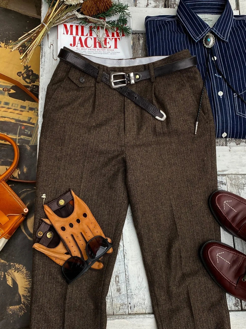 British-Style Vintage Wool Herringbone Pattern Men's Trousers, Large Size, Loose Straight-Leg Naples Men's Pants