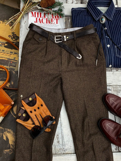 British-Style Vintage Wool Herringbone Pattern Men's Trousers, Large Size, Loose Straight-Leg Naples Men's Pants