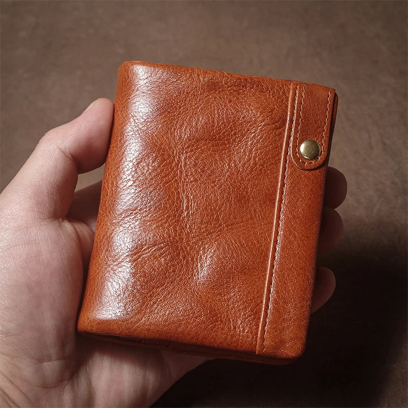 Retro Genuine Leather Short Wallet Men and Women Bifold Money Clip Credit Card Holder with Zipper Coin Pocket Small Purse