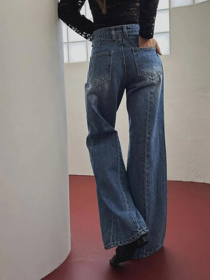 Retro High Waist Slim Fit Blue Jeans Women's Autumn Winter Straight Leg Long Pants Wide Leg Pants Classic Waed Denim