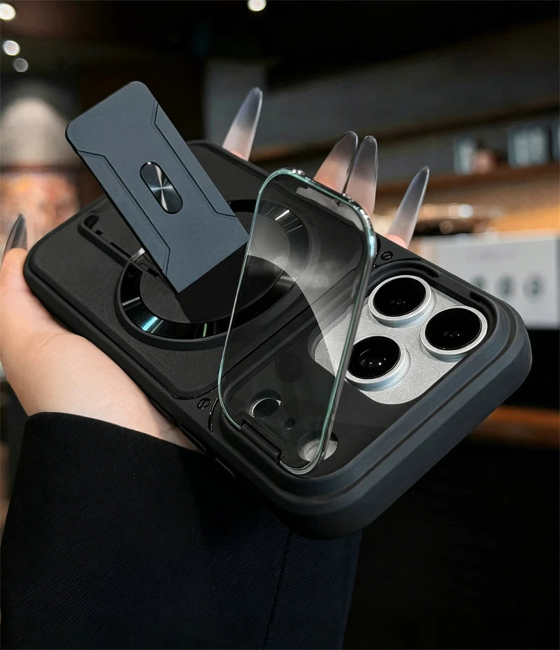 Fold Stand Magnetic Armor Case for iPhone 17 Air 16 15 14 Plus 13 12 11 Pro Max For Magsafe Camera Holder Lens Protection Cover