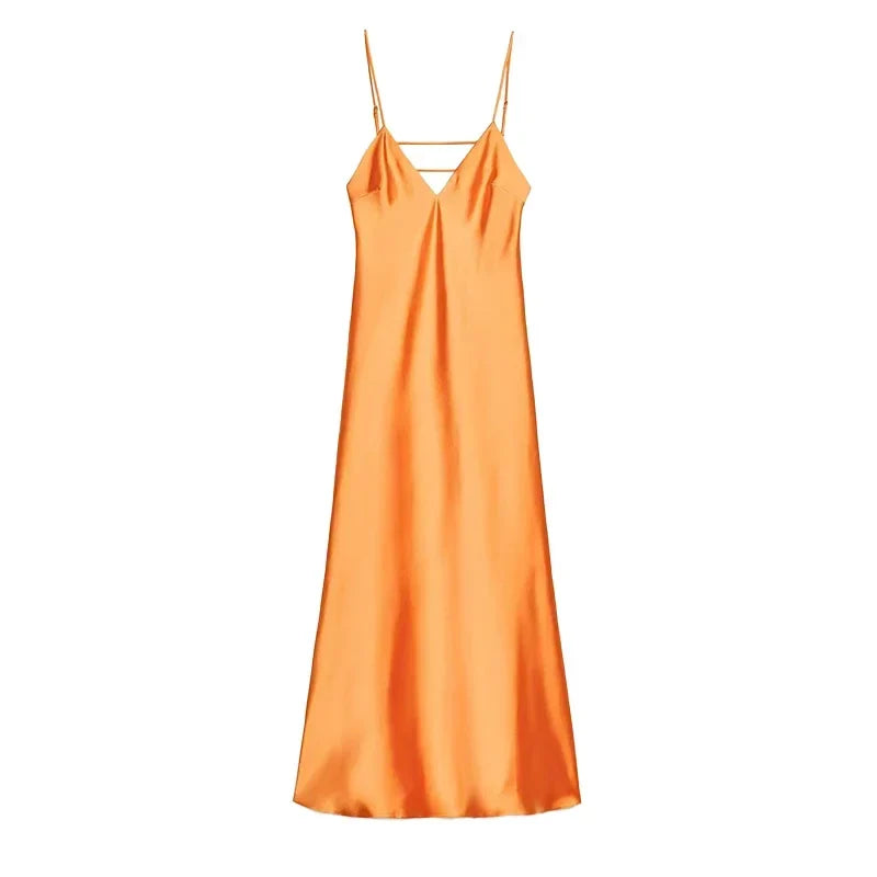 Yellow Satin Sling Dress Women Elegant V Neck Sleeveless Backless High Waist Maxi Dresses 2025 Summer Lady Party Evening Robes