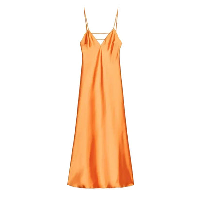 Yellow Satin Sling Dress Women Elegant V Neck Sleeveless Backless High Waist Maxi Dresses 2025 Summer Lady Party Evening Robes