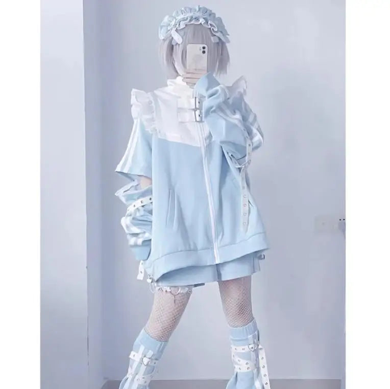 Japanese Subculture stitch Patchwork Hoodies Women's Autumn 2024 Ruffled Edge Harajuku Y2k Hoodie 2000s Loose Zipper Sweatshirts