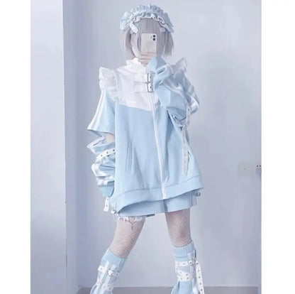 Japanese Subculture stitch Patchwork Hoodies Women's Autumn 2024 Ruffled Edge Harajuku Y2k Hoodie 2000s Loose Zipper Sweatshirts