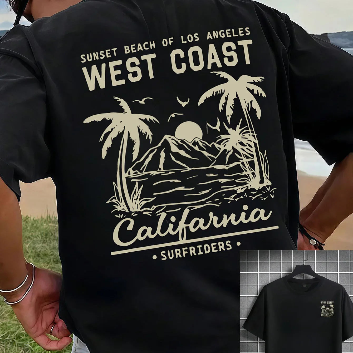 Men's 100% pure cotton casual loose retro California beach surfing pattern printed round neck short sleeved T-shirt top