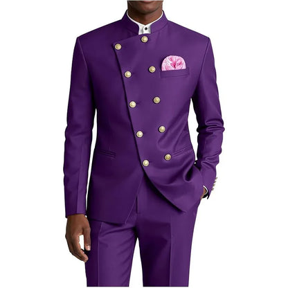 Men's Chinese Style Suit 2 Piece Brown Mandarin Collar Double Breasted With Gold Buttons Formal Jacket Pants For Business Weddin