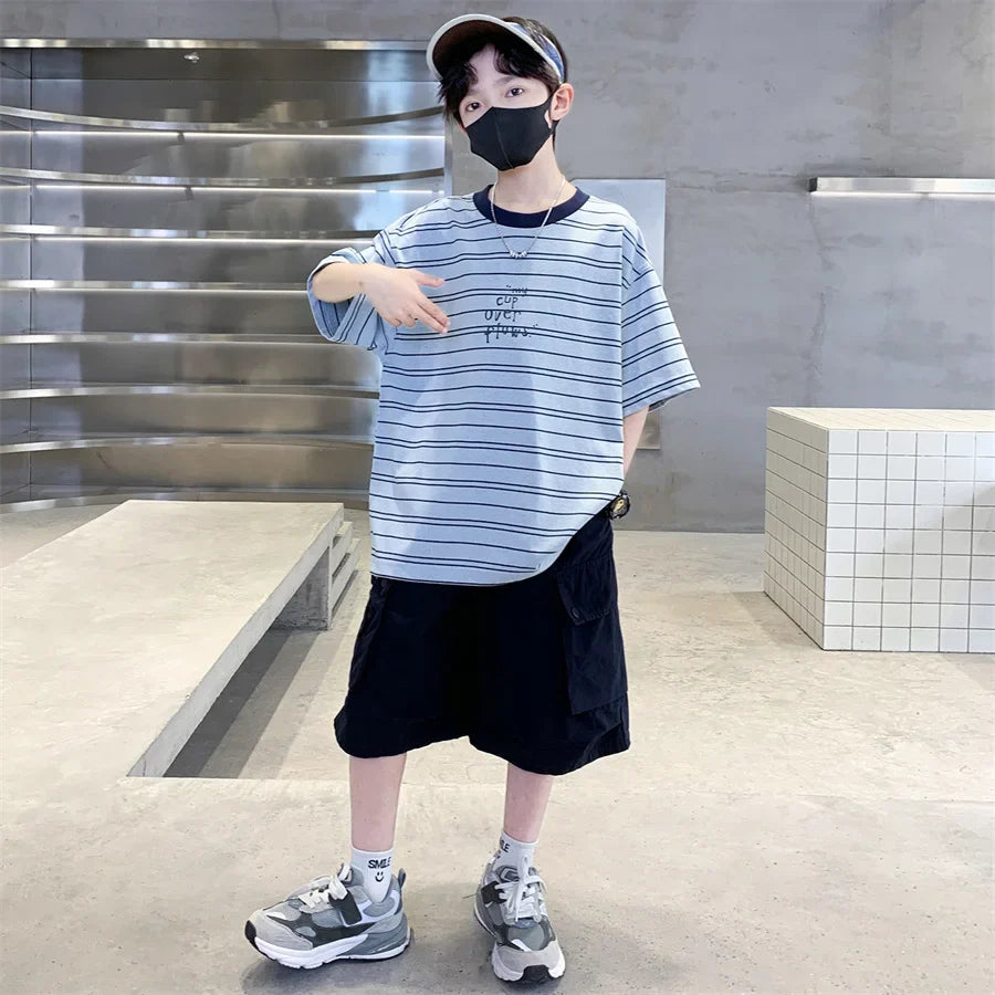 2026 Kids Top and Bottom Clothes Summer Set For Tweens Boys Casual Striped Tracksuit Outfit Children Cargo Clothing 2PCS Suit