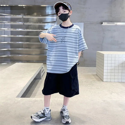 2026 Kids Top and Bottom Clothes Summer Set For Tweens Boys Casual Striped Tracksuit Outfit Children Cargo Clothing 2PCS Suit