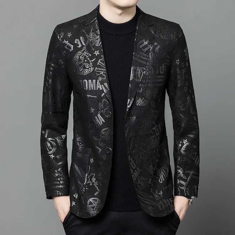 Luxurious Sheepskin Blazers For Men Smooth Casual Leather Jacket Winter Top Quality Leopard Print Slim Gentleman Terno Masculino