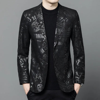 Luxurious Sheepskin Blazers For Men Smooth Casual Leather Jacket Winter Top Quality Leopard Print Slim Gentleman Terno Masculino