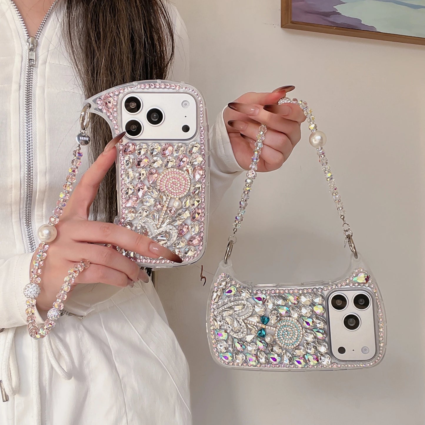 Rhinestone Hand bag Lollipop Design Phone Case For iPhone 17 Pro Max 16 15 14 13 Pro Max 15 14 16 Plus 17Air Fashion Trend Case
