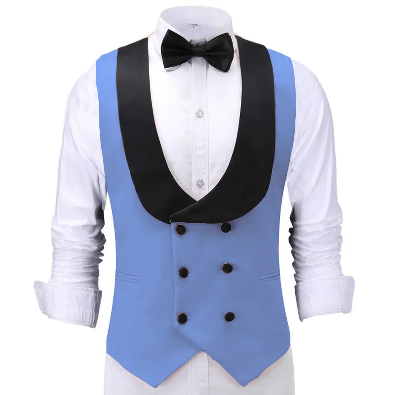 Men Vest Beige With Black Lapel Double Button Waistcoat For Banquet Birthday Wedding Business Work Formal Set Men Suit Vest