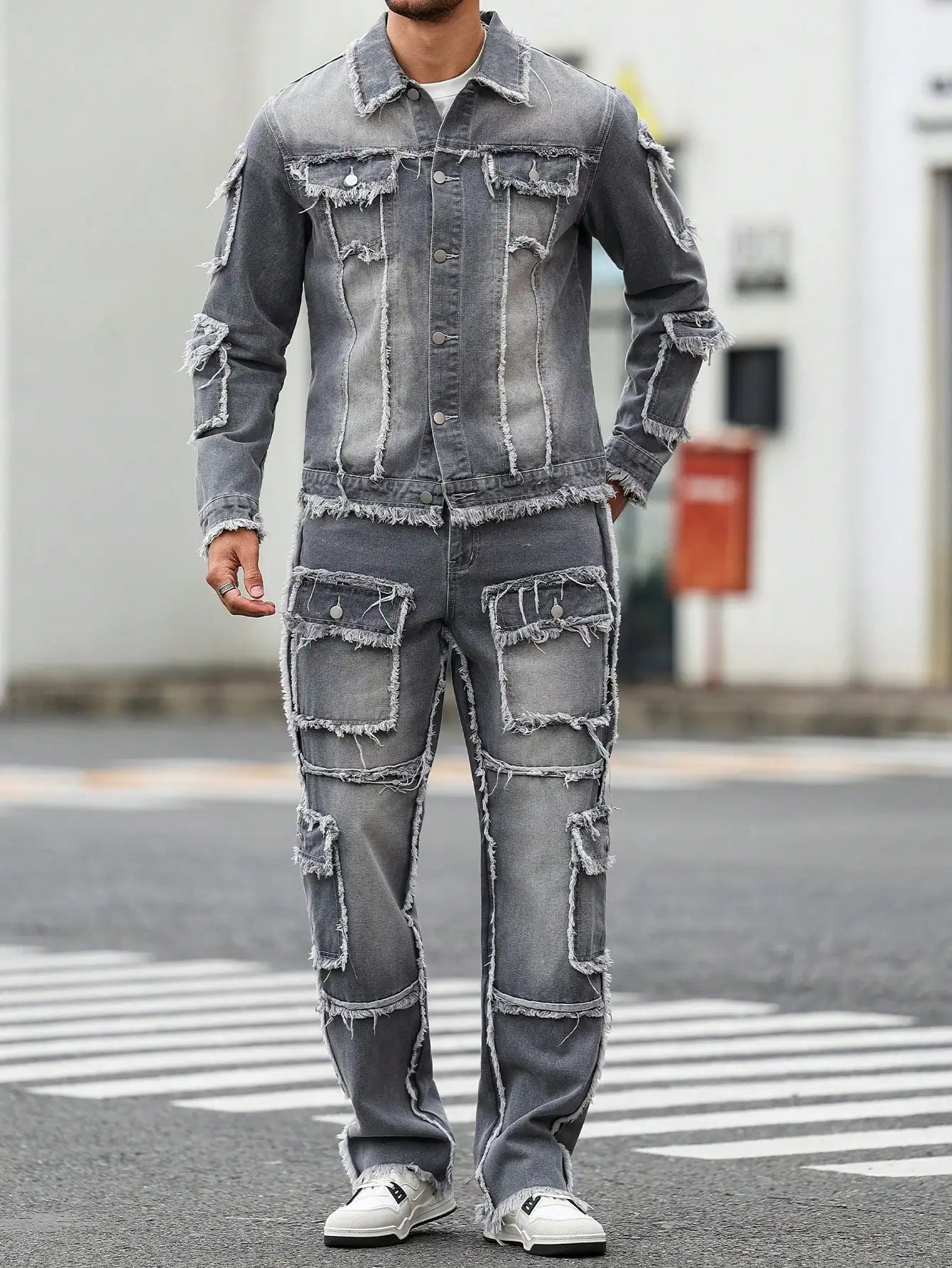 Men's Street Style Casual Distressed Raw-Hem Grey Denim Set, a Minimalist and Fashionable Two-Piece Ensemble.