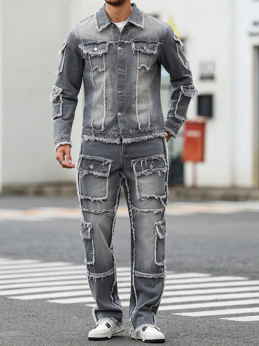 Men's Street Style Casual Distressed Raw-Hem Grey Denim Set, a Minimalist and Fashionable Two-Piece Ensemble.