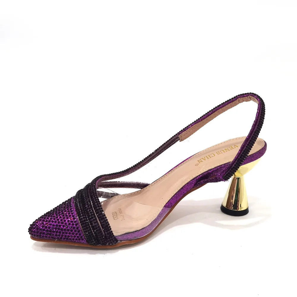 Italian Pointed Toe Wedding Shoes Gold Color Summer Sandal for Women 2023 High Heels Rhinestone Shoe and Bag Set