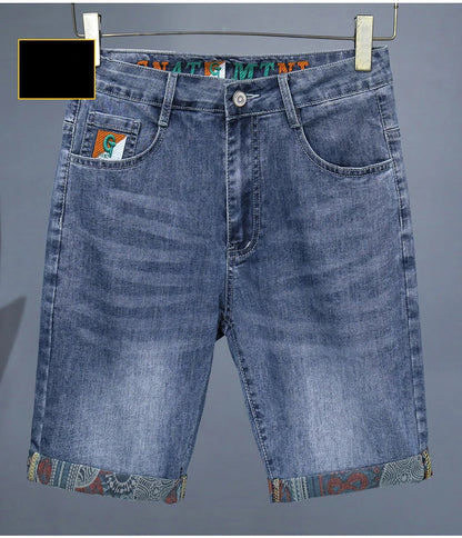 Summer New Men's Embroidered Denim Shorts Fashion Straight Slim Personality Streetwear Jeans Male Bermuda Male Short Pants