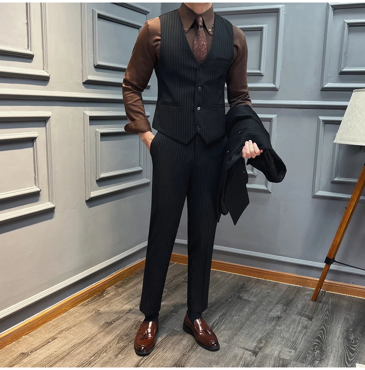 5XL-M( Vest + Pants) High-end Brand stripe Suit Vest 2 pieces Men Luxury Fashion Groom Wedding Vest Set Male Club Party Clothing