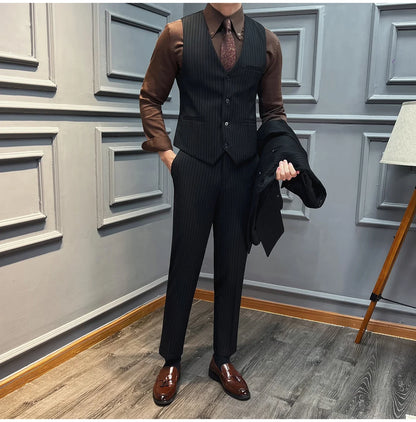 5XL-M( Vest + Pants) High-end Brand stripe Suit Vest 2 pieces Men Luxury Fashion Groom Wedding Vest Set Male Club Party Clothing