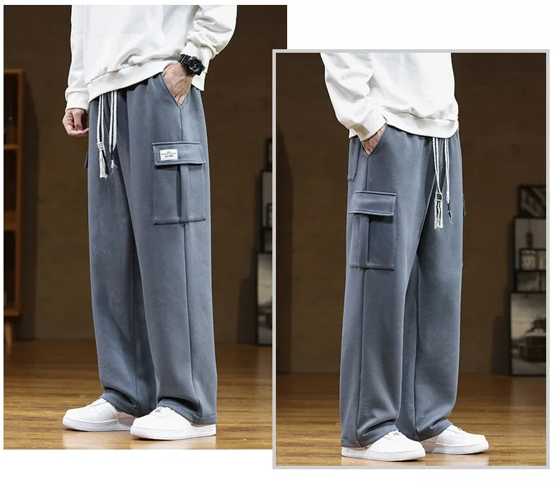 2026 New in Wide Leg Pants Men Autumn Straight Elastic Waist Baggy Cargo Trouser Male Relaxed Streetwear Sweatpant Plus Size Big