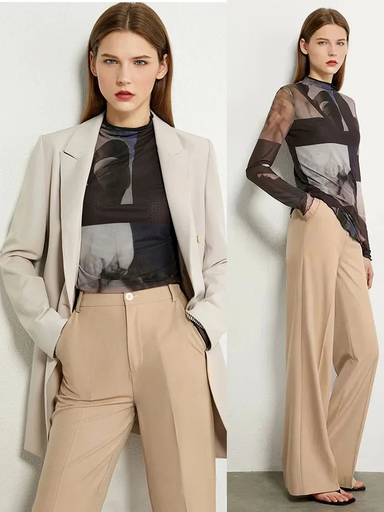 Minimalism Long sleeve T-shirts for Women 2025 Autumn New Bottoming Shirt Mesh Printing Inside Slim Trendy Tops 12421003
