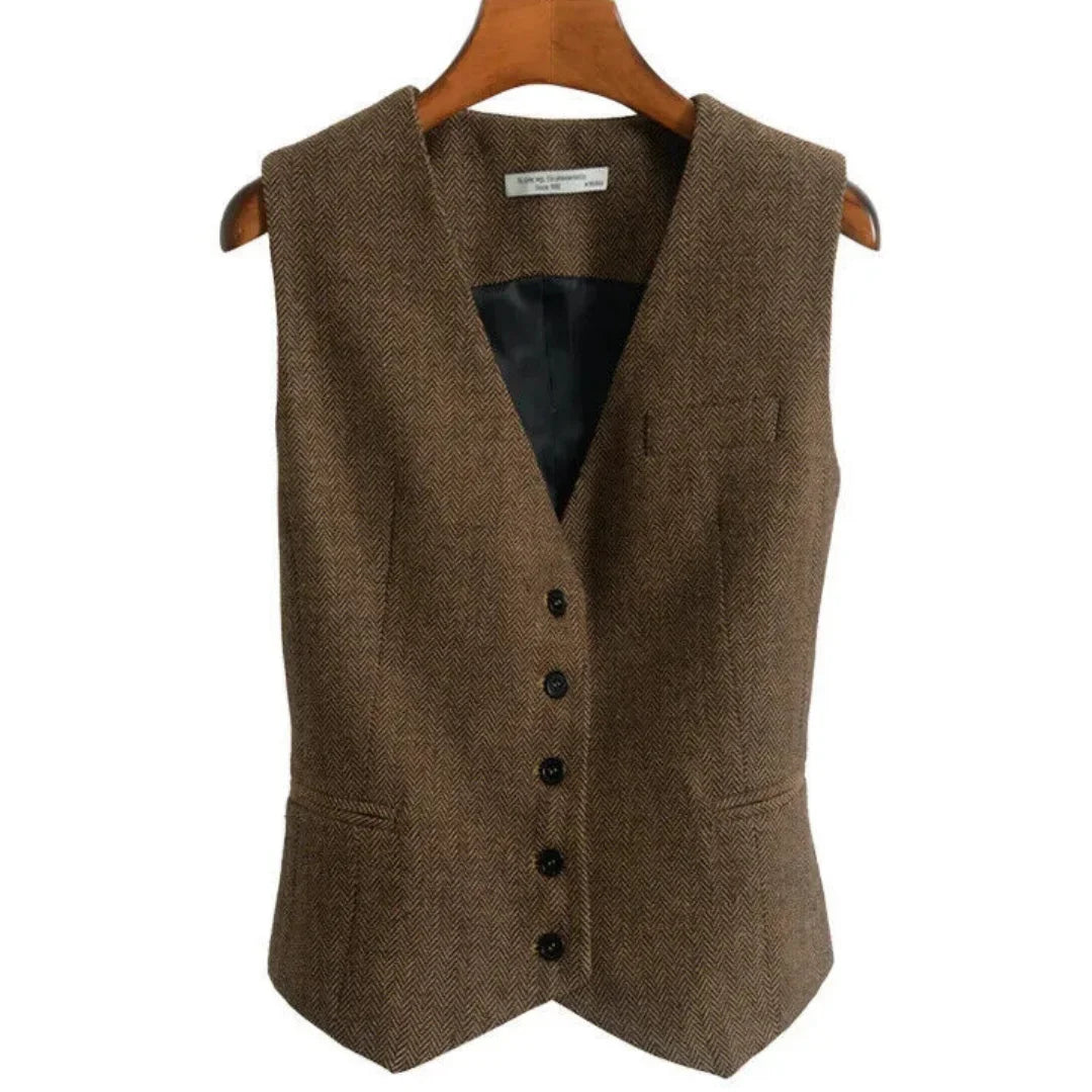 Women Vest Brown Fashion Vintage Herringbone Single Breasted Slim Fit Business Casual Profession Work Women Waistcoat