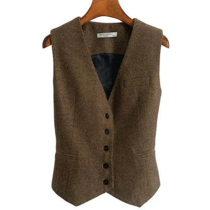 Women Vest Brown Fashion Vintage Herringbone Single Breasted Slim Fit Business Casual Profession Work Women Waistcoat