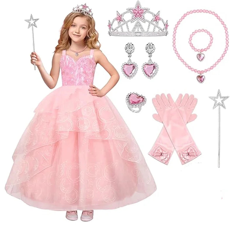 Movie Good Witch Costume Kids Pink Dress With Crown Magic Wand And Gloves For Girls Evil Halloween Birthday Party Prom Outfits