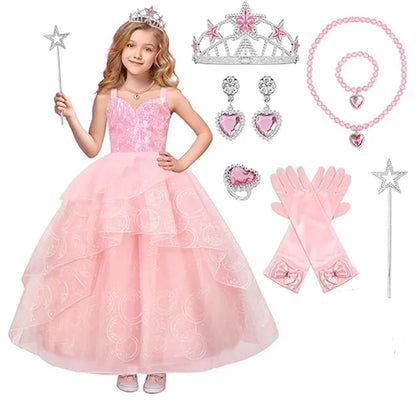 Movie Good Witch Costume Kids Pink Dress With Crown Magic Wand And Gloves For Girls Evil Halloween Birthday Party Prom Outfits