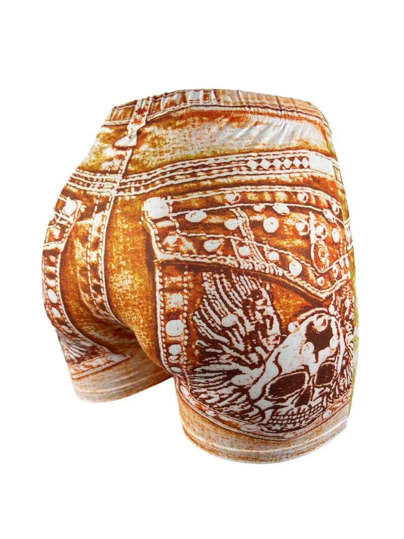 Women's Faux Denim Print High Stretch Slim Shorts, Versatile Yoga Shorts, Polyester Non-Denim Material