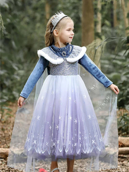 Girls' Spring 2026 New Velvet Elsa Frozen Princess Dress Kids Blue Cape 2 Piece Set Warm Dresses For Girl Party 3-9 Years Old ﻿