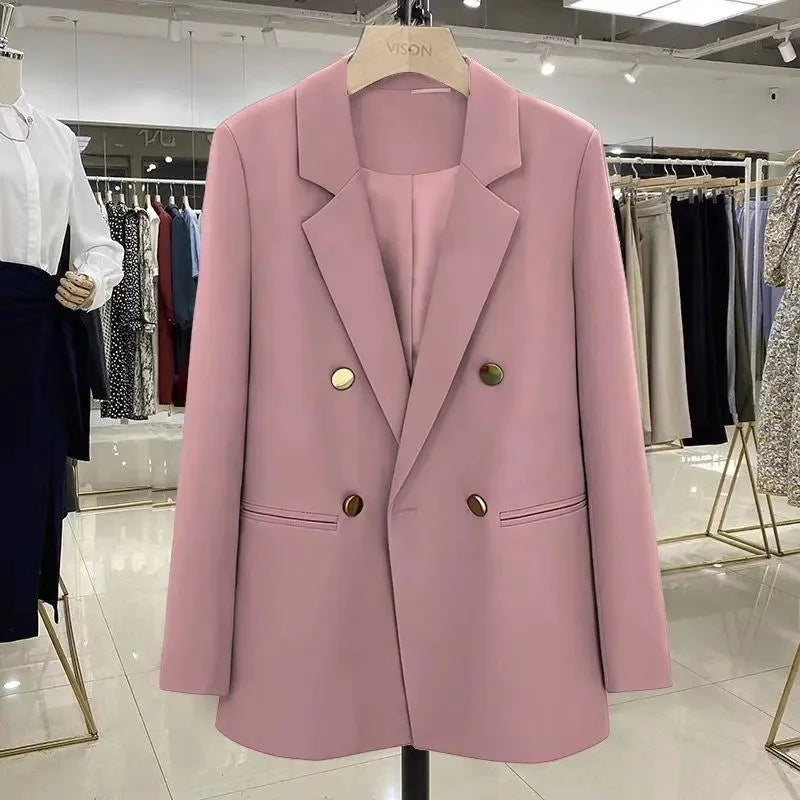 Blazer Woman Autumn Spring Long Sleeve Double Breatsed Lapel Loose Coat Slim Casual Jackets Office Ladies Vintage Blazers