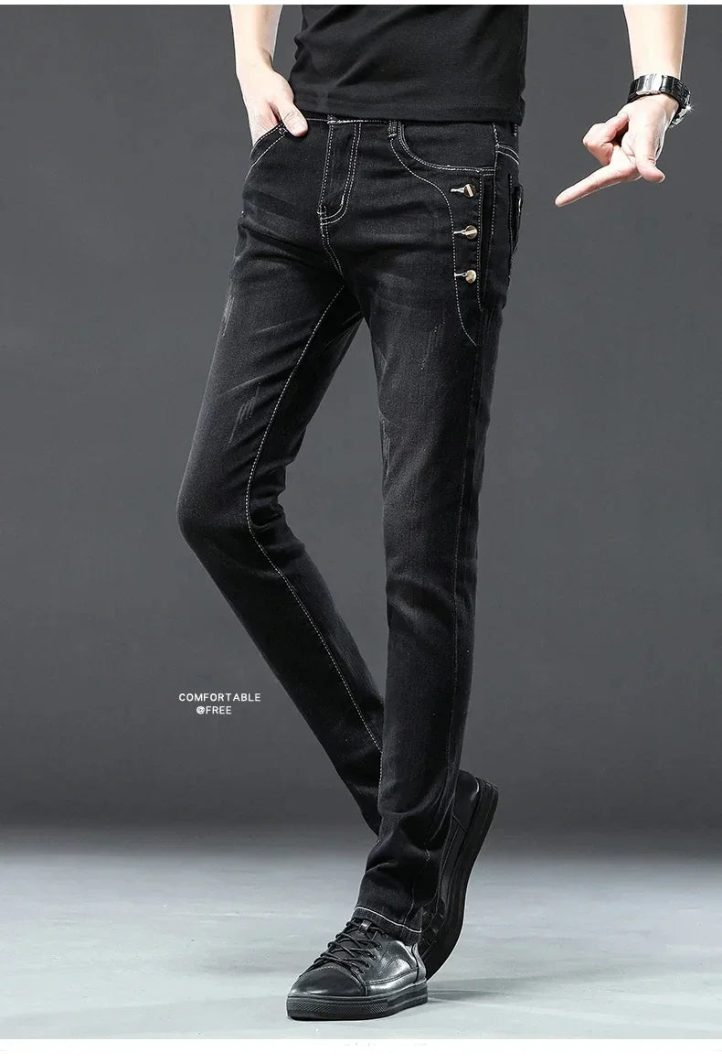 Men's Vintage Jeans Designer Korean Fashion Snowflake Wash Stretch Straight Pencil Pants Classic Slim Male Denim Trousers