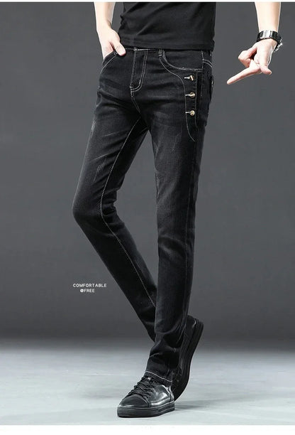 Men's Vintage Jeans Designer Korean Fashion Snowflake Wash Stretch Straight Pencil Pants Classic Slim Male Denim Trousers