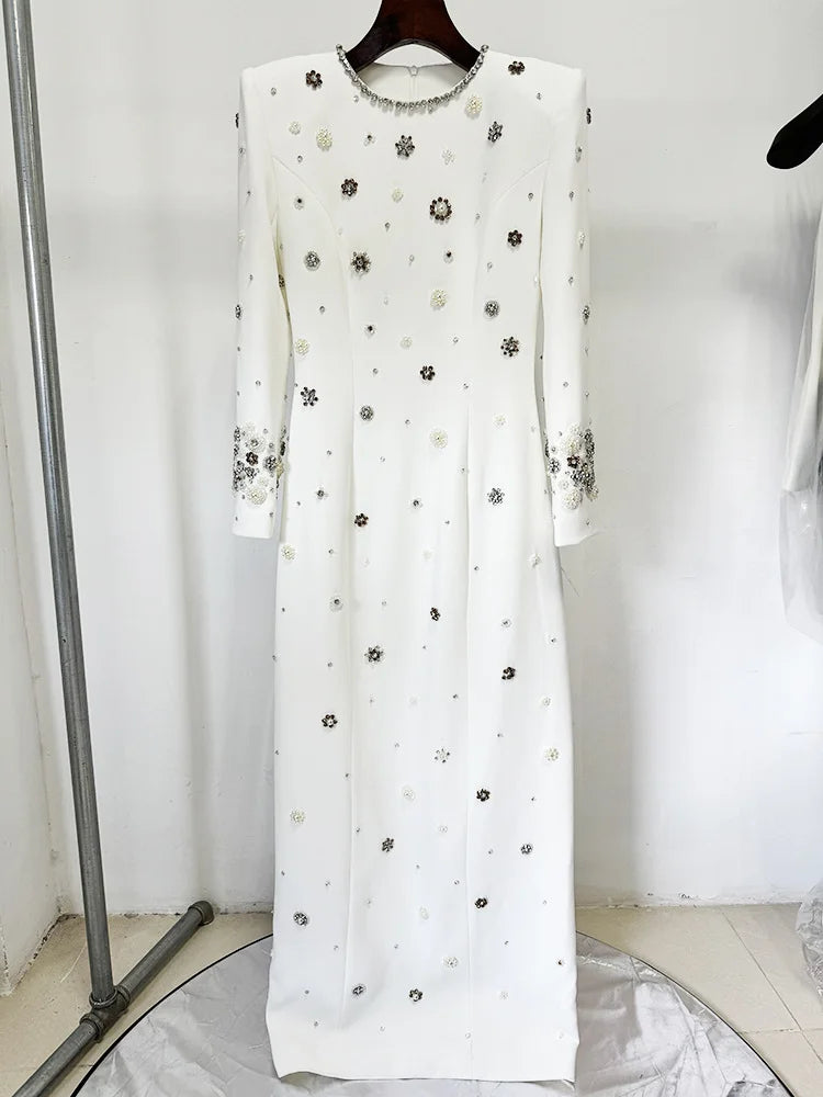 HIGH STREET Newest Fashion 2026 Designer Party Vestido Women's Formal Long Sleeve Luxurious Beaded Long Maxi Dress