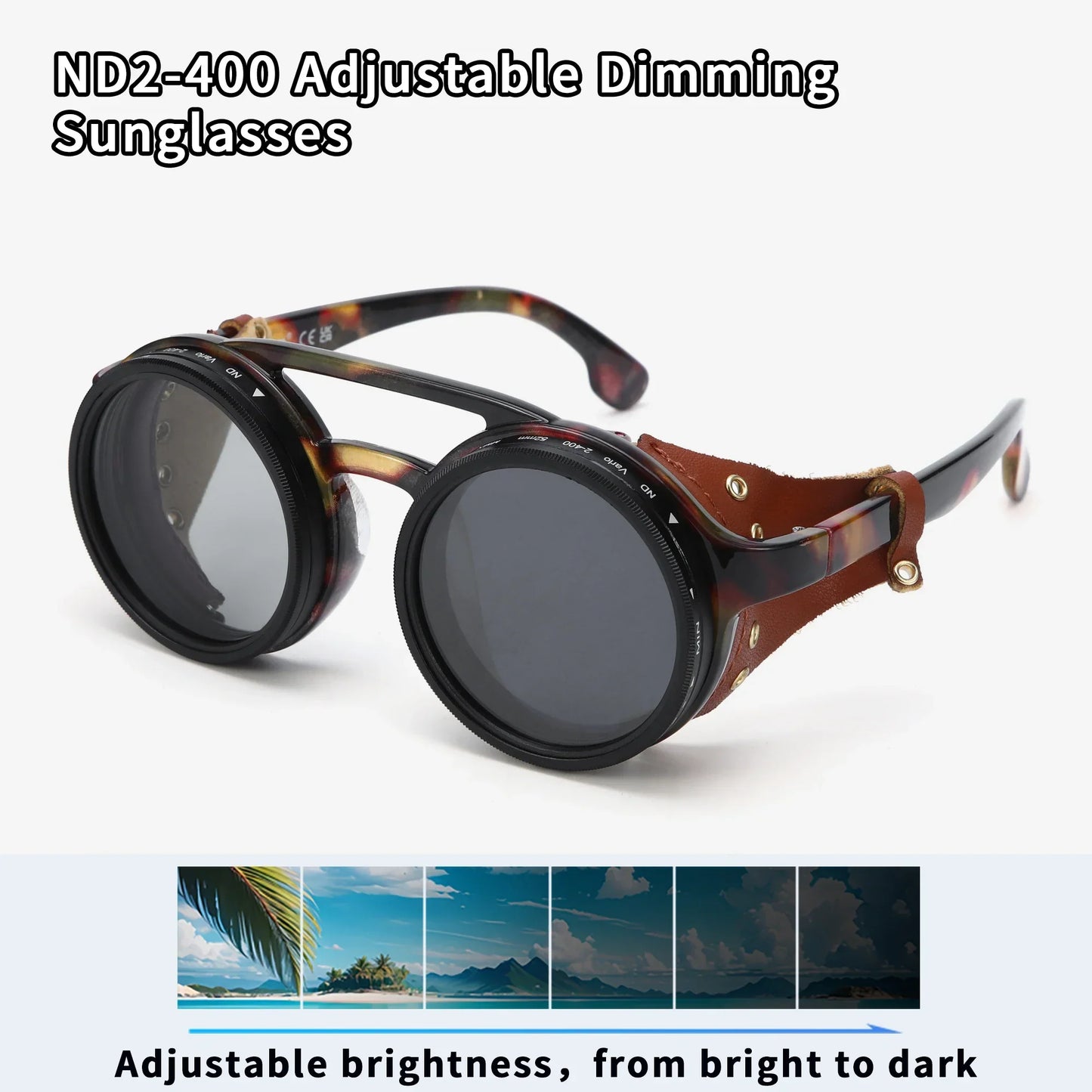 High Quality ND9 Adjustable Dimming Sunglasses Retro Punk Round Men's Outdoor Fishing UV400 Polarized Driving Sunglasses