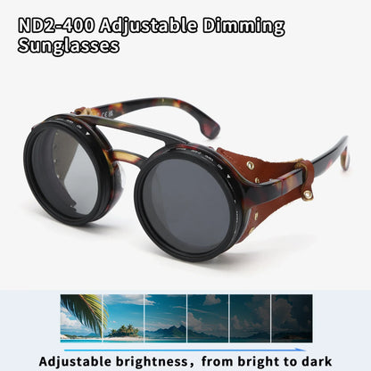 High Quality ND9 Adjustable Dimming Sunglasses Retro Punk Round Men's Outdoor Fishing UV400 Polarized Driving Sunglasses