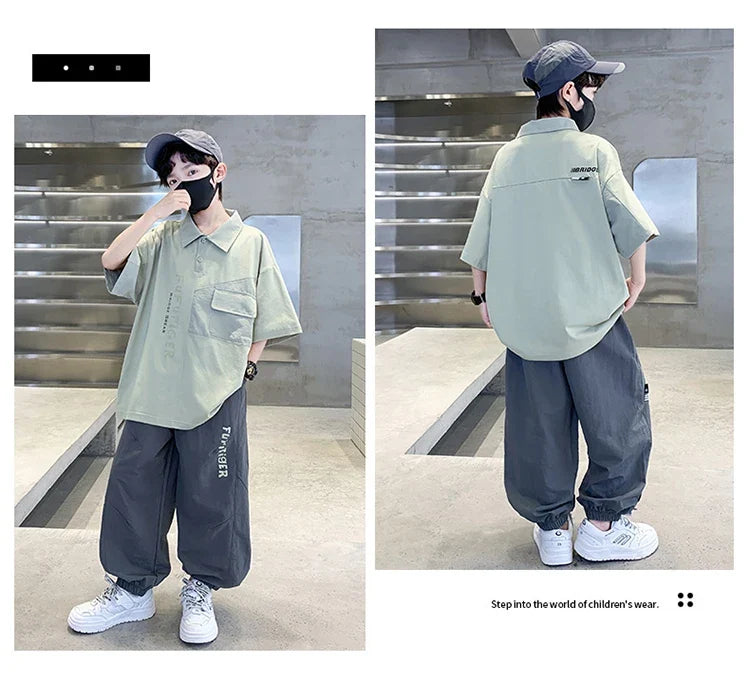 School Boys Fashion Summer Top And Bottom Clothes Set Polo Shirt + Pants 2 Pieces Clothing Suit Kids Children Casual Tracksuit