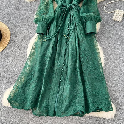 High-End Women's Dress Heavy Embroidery A-Line Long Skirt V-Neck Lantern Sleeve Single Button High Waist Korean Style Commute