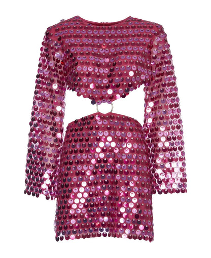 Shiny Sequins Dresses Women Sexy Flare Sleeve Slim Fit Hollow Out Mini Dress Elegant Sparkling Club Party Outfits Female