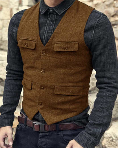 Men Vest V Neck Classic Steampunk Suit Wool Tweed Notch Lapel Thick Tweed For Wedding Groom Banquet Waistcoat