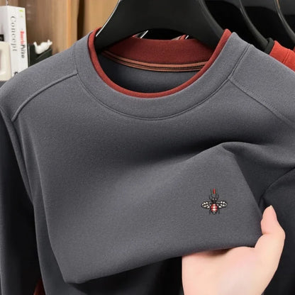 High end brand velvet long sleeve T-shirt men's autumn new fashion Korean bee embroidery comfortable warm round neck pullover